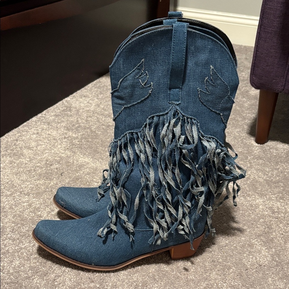 Denim Fringe Western Boots - Blue